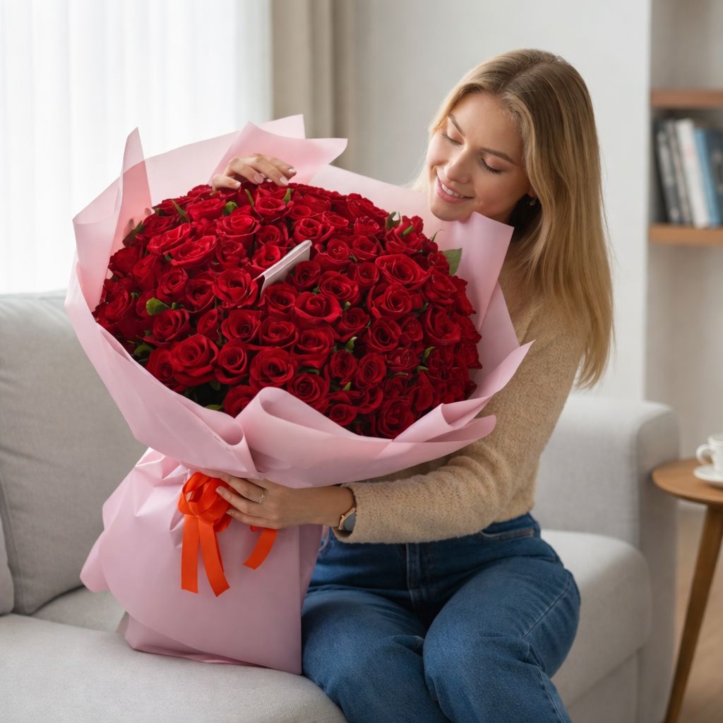 red rose (101 pcs.), packaging, ribbon