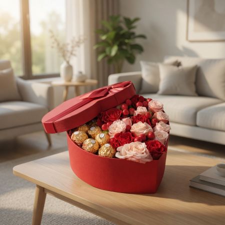 rose, hypericum, oasis, ferrero rocher candies (7 pcs.), heart box, spray rose, packaging, ribbon