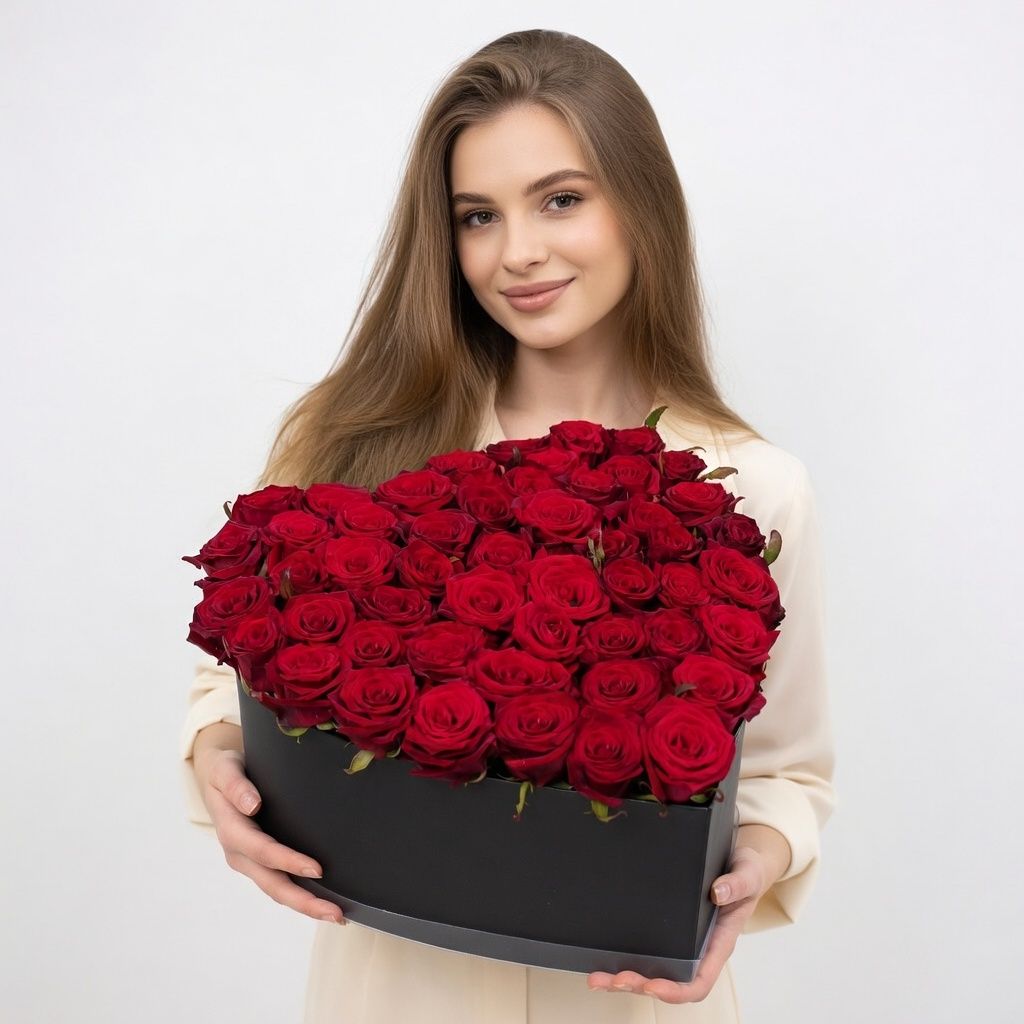 rose (51 pcs.), heart box, oasis, packaging, ribbon