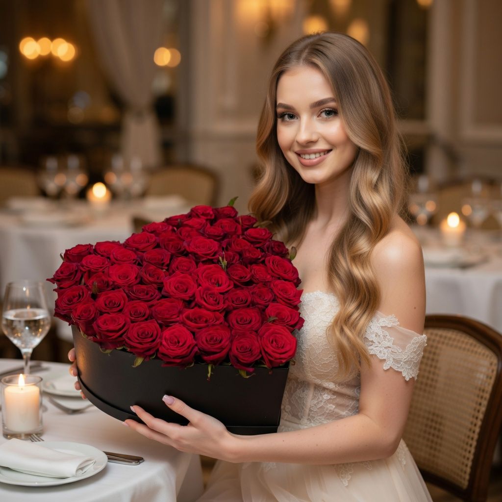 rose (51 pcs.), heart box, oasis, packaging, ribbon