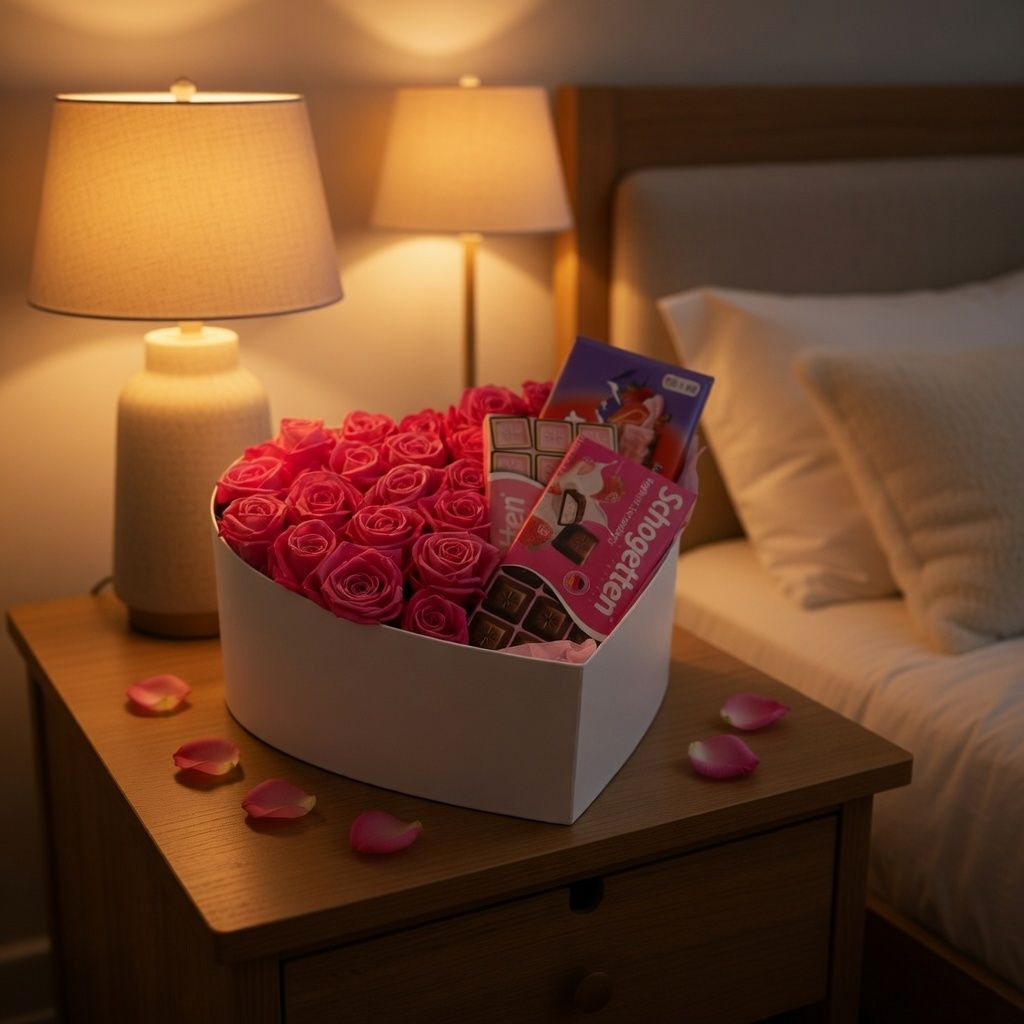 pink rose (21 pcs.), Schogetten chocolate, Milka chocolate, oasis, XXL heart box, packaging, ribbon