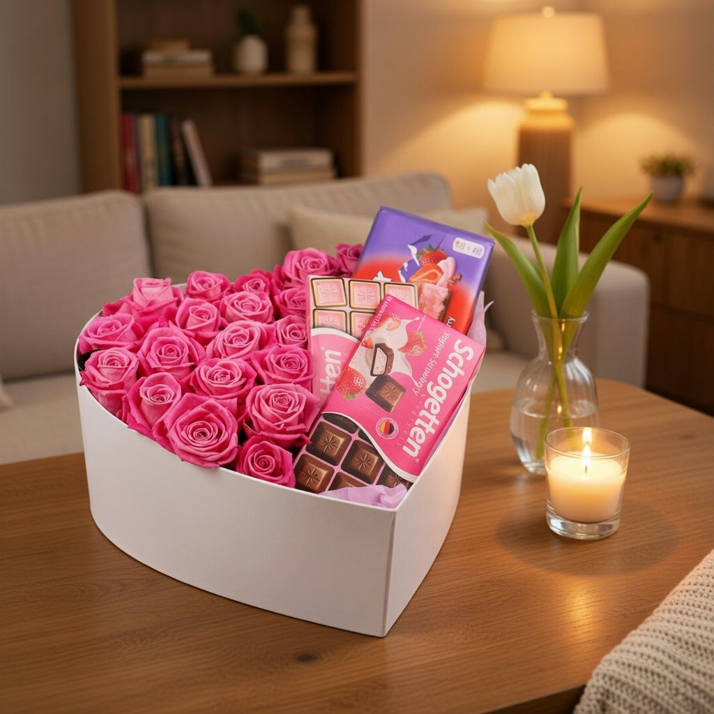 pink rose (21 pcs.), Schogetten chocolate, Milka chocolate, oasis, XXL heart box, packaging, ribbon
