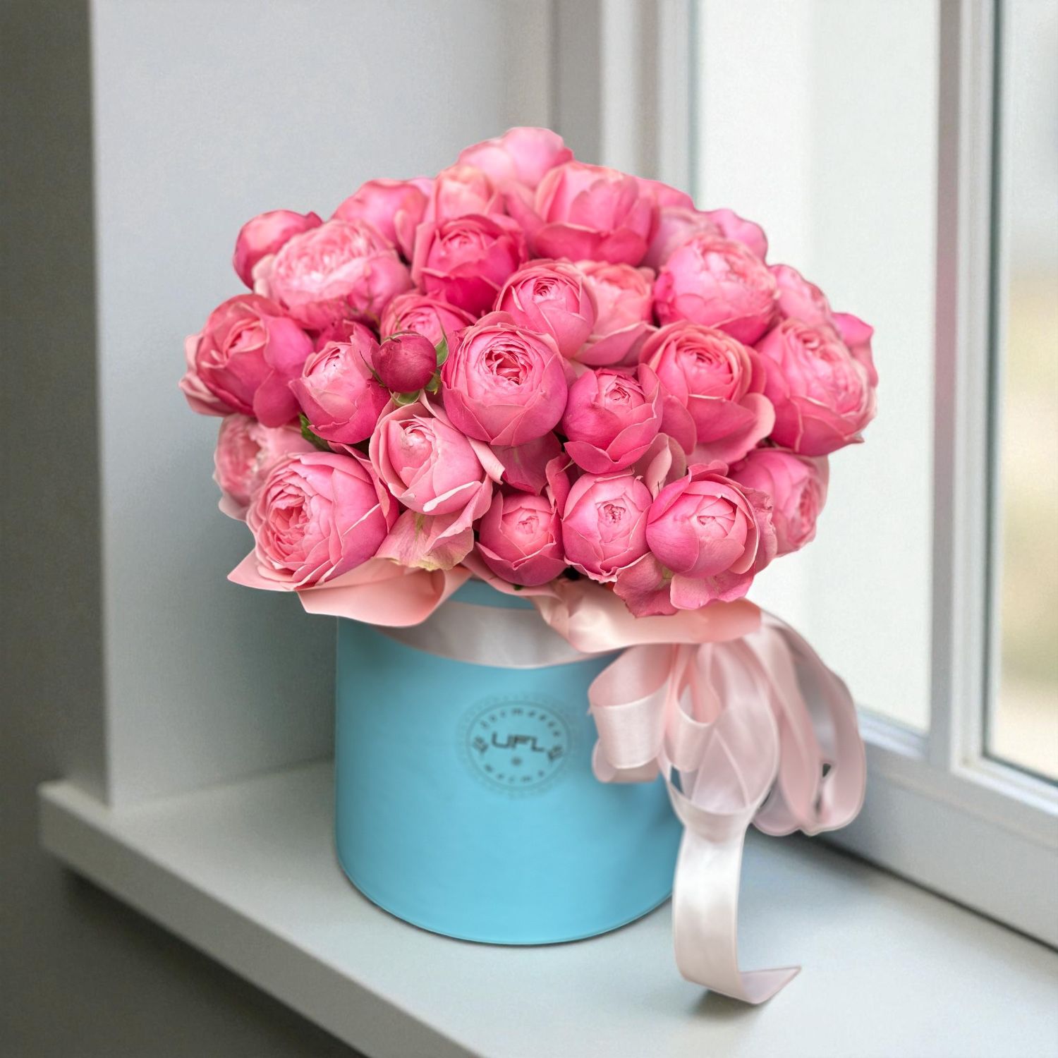rose silva pink bubbles (9 pcs.), round box, oasis, packaging, ribbon