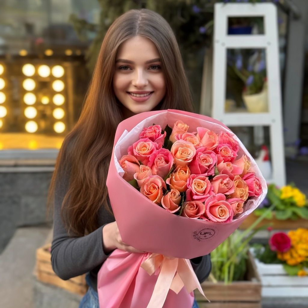 coral rose (25 pcs.), packaging, ribbon
