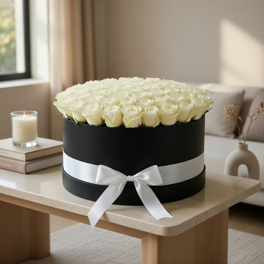 box, oasis, white rose (101 pcs.), packaging, ribbon