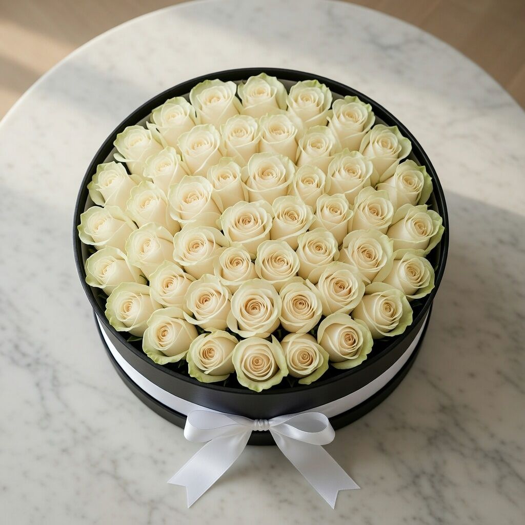 box, oasis, white rose (101 pcs.), packaging, ribbon