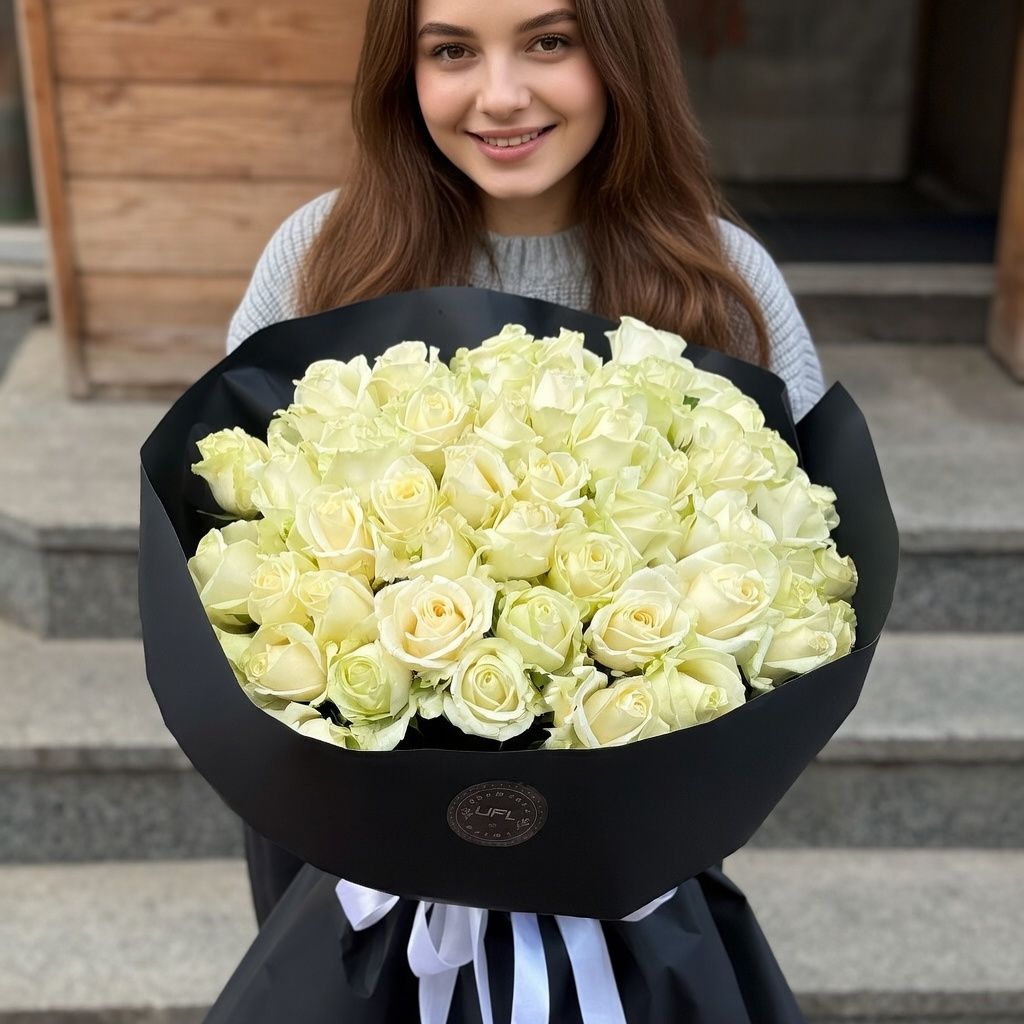 Bouquet 51 white roses in black wrapping