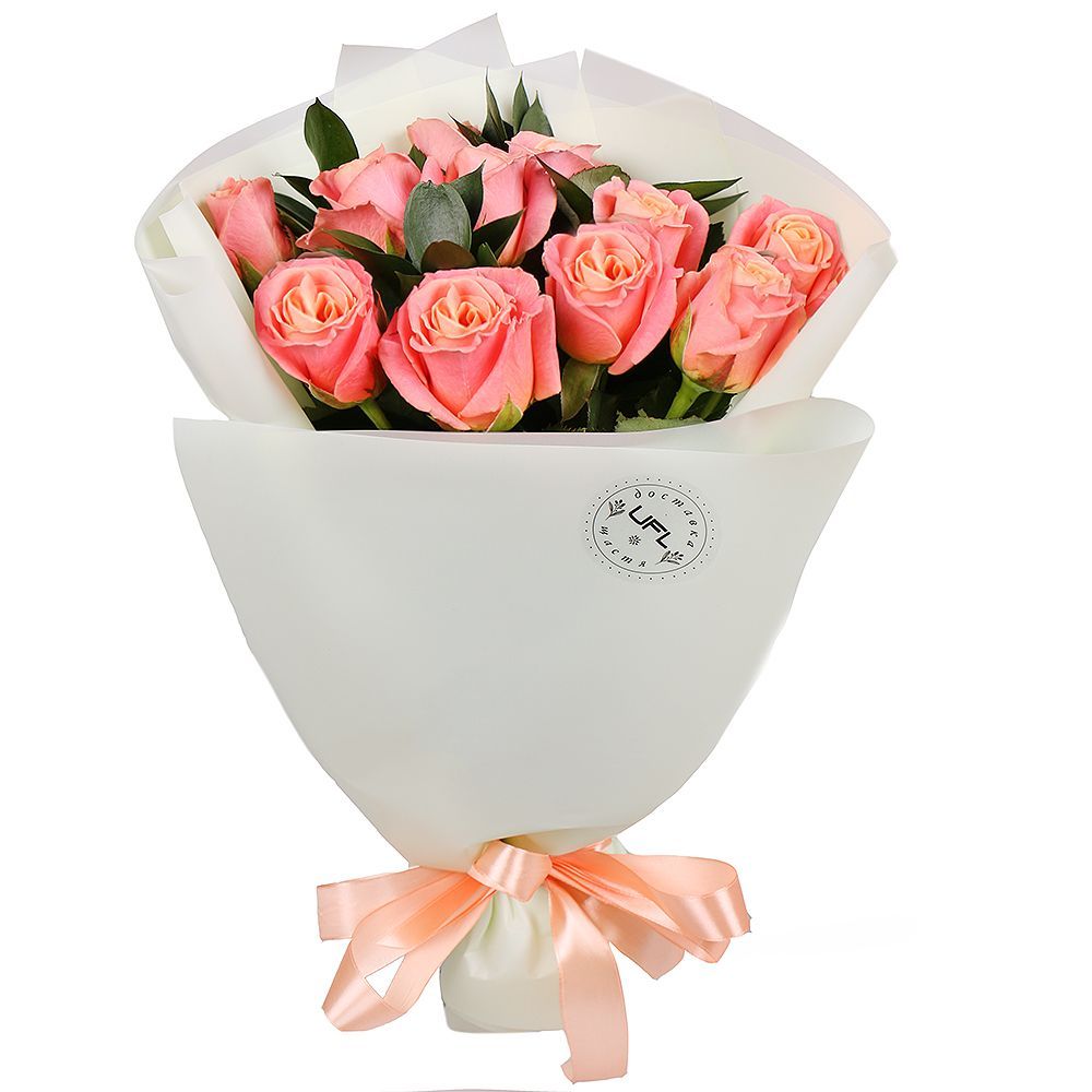 coral rose (11 pcs.), ruscus, packaging, ribbon