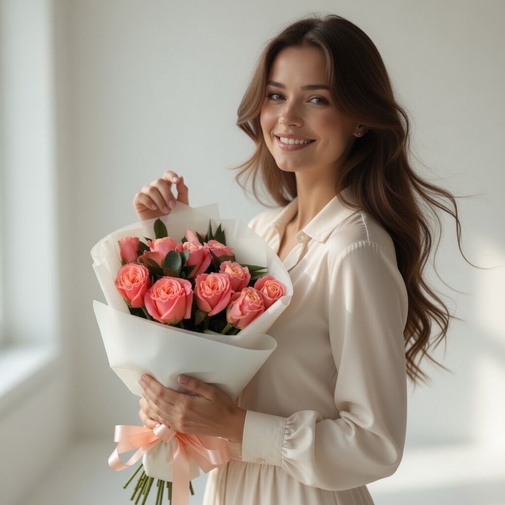 coral rose (11 pcs.), ruscus, packaging, ribbon