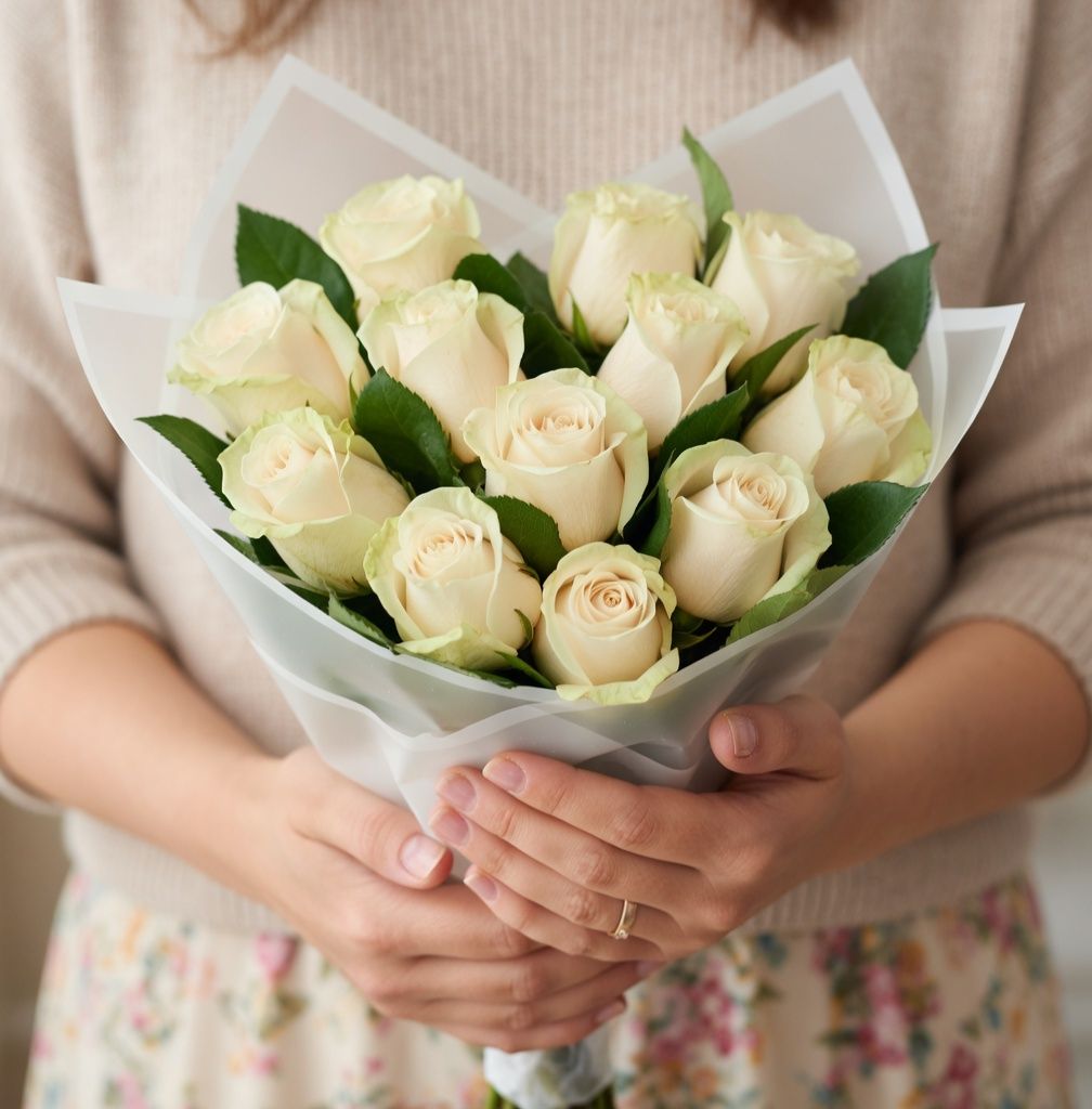cream rose (15 pcs.), packaging, ribbon