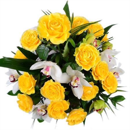 yellow rose (18 pcs.), basket m, white cymbidium (15 pcs.), oasis, packaging, ribbon