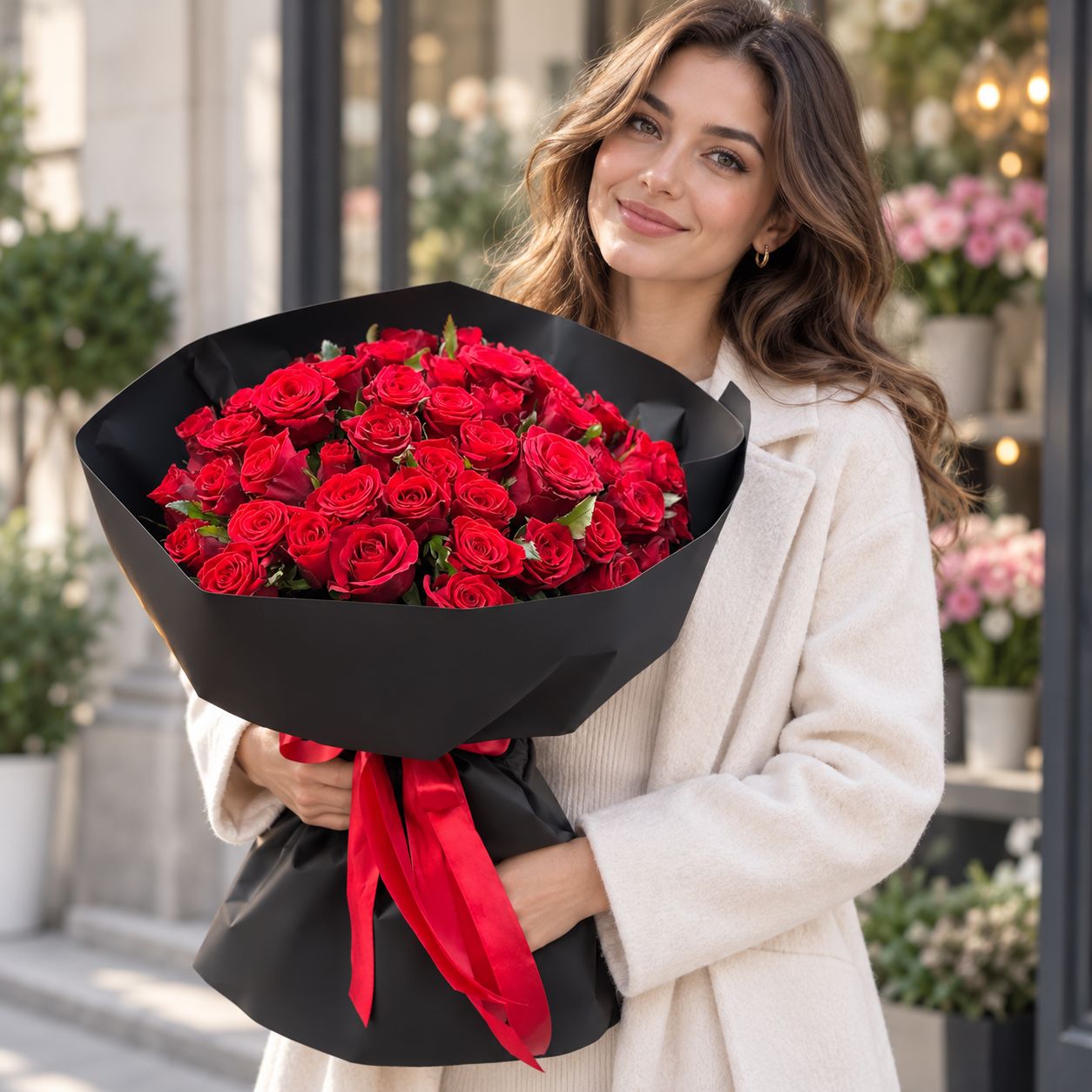 Bouquet 51 red roses in black wrapping