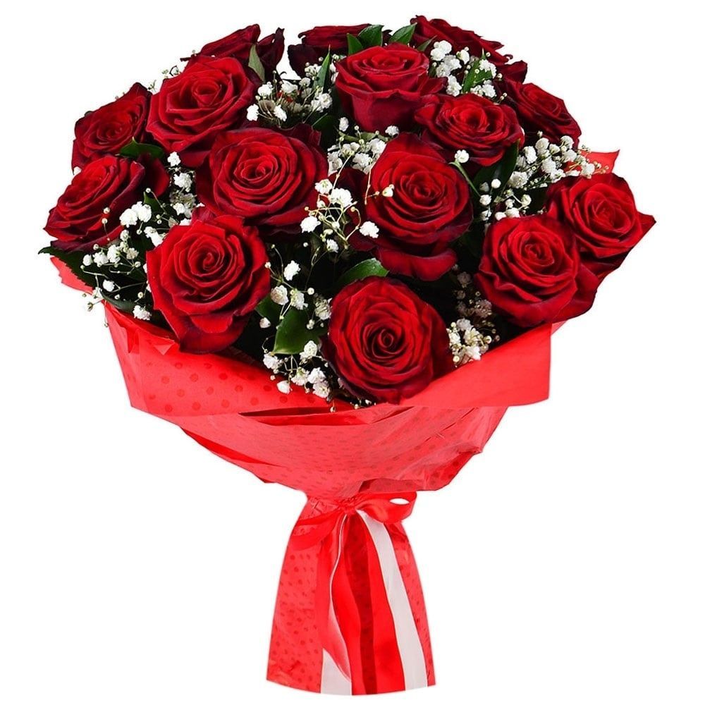 gypsophila, rose (15 pcs.), packaging, ribbon