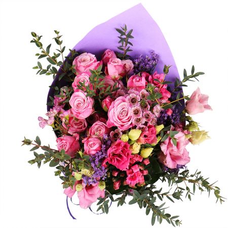 bouvardia, chamelacium, rosea eustoma, limonium, eucalyptus, packaging, tape