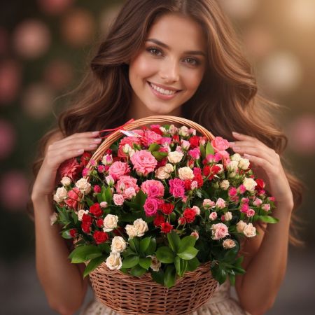 spray rose (51 pcs.), basket, oasis, packaging, ribbon