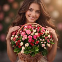 spray rose (51 pcs.), basket, oasis, packaging, ribbon