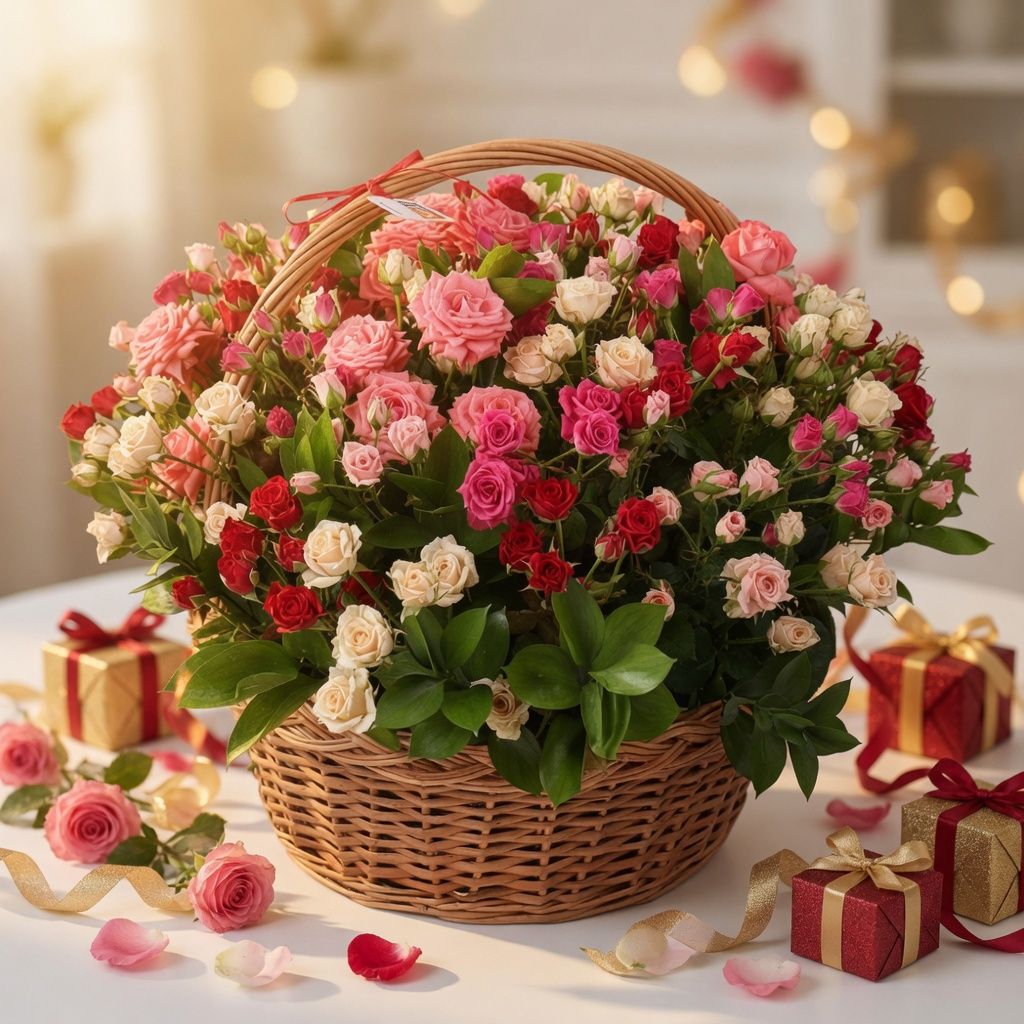 spray rose (51 pcs.), basket, oasis, packaging, ribbon