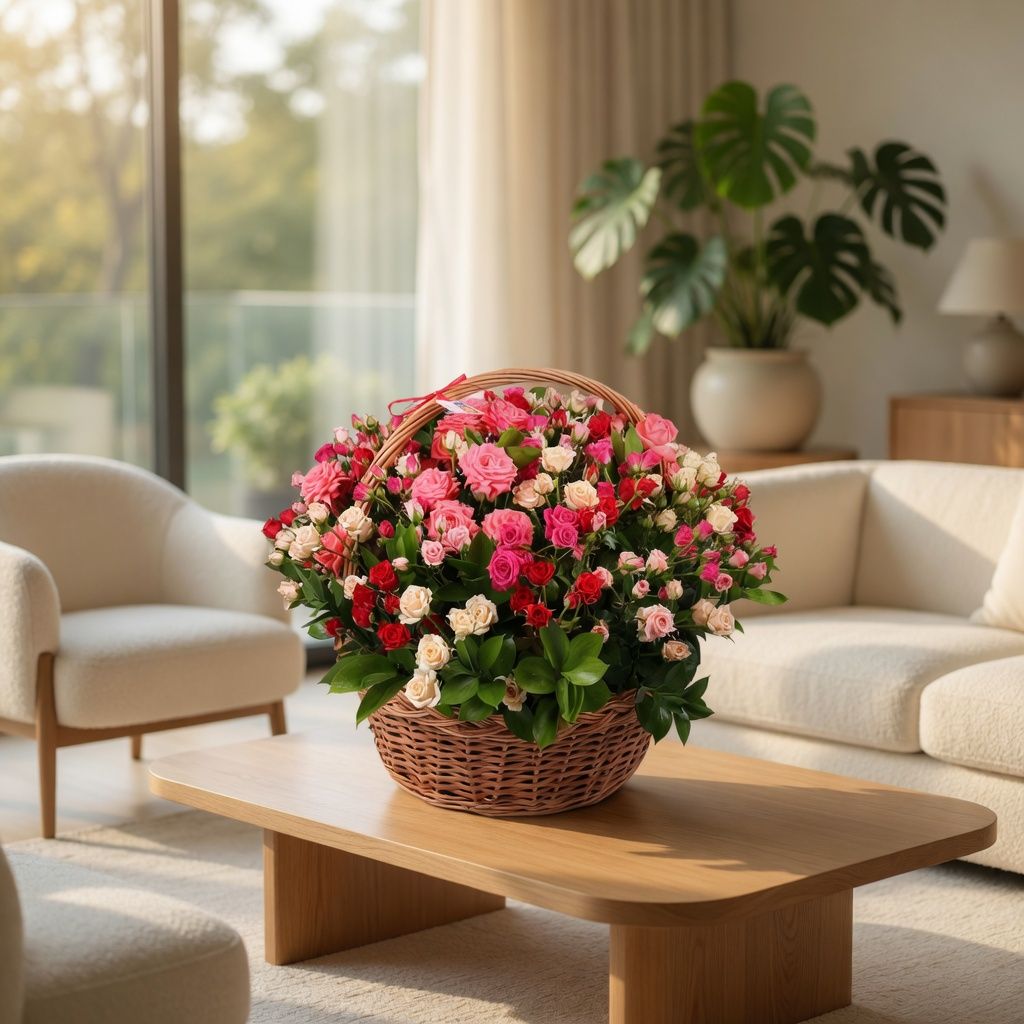 spray rose (51 pcs.), basket, oasis, packaging, ribbon