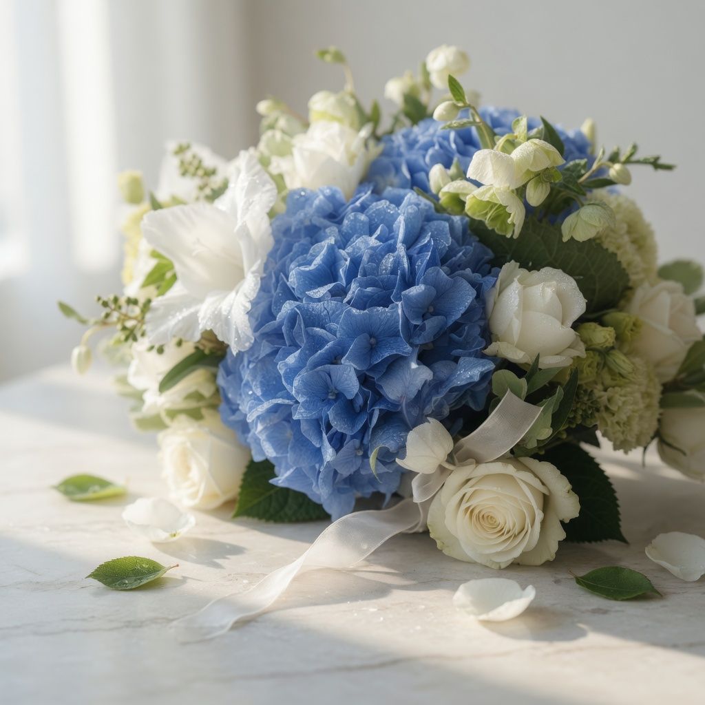 carnation, hydrangea, gladiolus, rose (10 pcs.), eustoma, freesia, packaging, ribbon