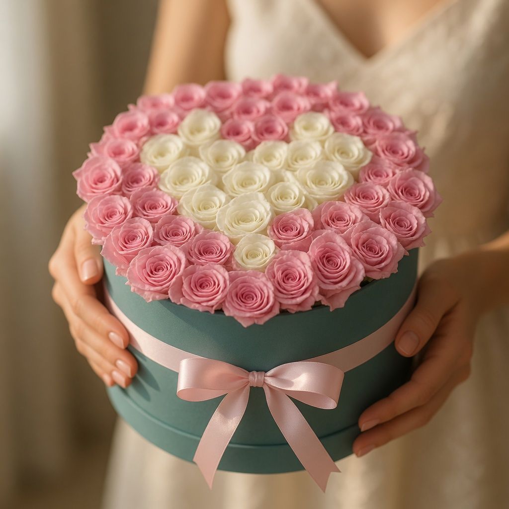 box, pink rose (26 pcs.), oasis, white rose (13 pcs.), packaging, ribbon