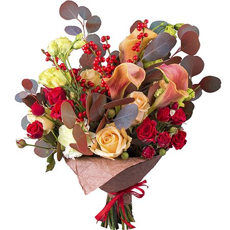 eustoma, eucalyptus, calla, spray rose, ilex, cream rose, packaging, ribbon