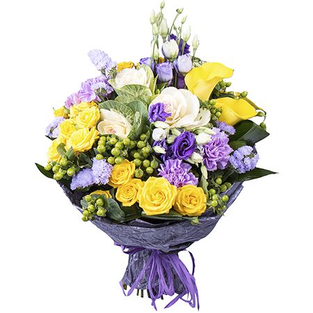 callas, statice, eustoma, hypericum, carnations (5 pcs.), spray rose (5 pcs.), brassica, packaging, ribbon