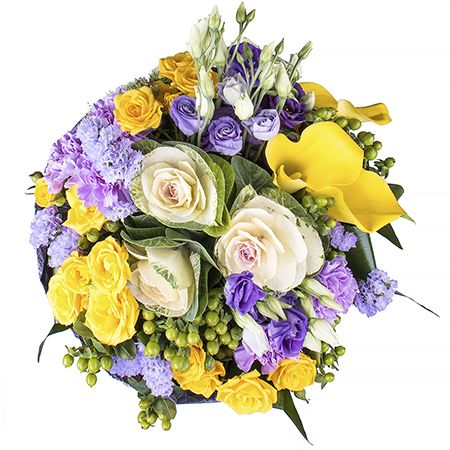callas, statice, eustoma, hypericum, carnations (5 pcs.), spray rose (5 pcs.), brassica, packaging, ribbon