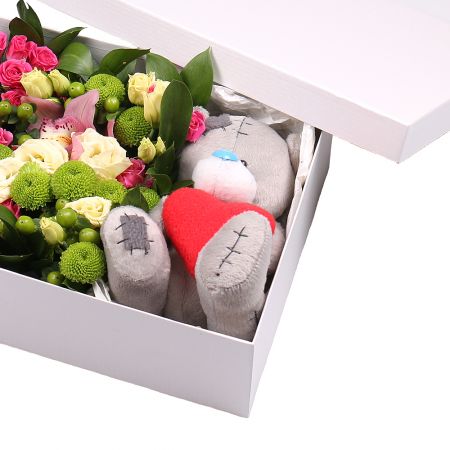 bear toy, square box, cymbidium (3 pcs.), chrysanthemum (3 pcs.), hypericum (3 pcs.), spray roses (3 pcs.), packaging, ribbon