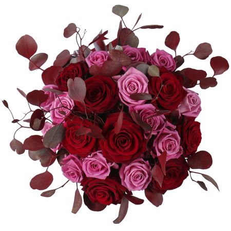 rose (8 pcs.), rose (13 pcs.), eucalyptus, box, packaging, ribbon