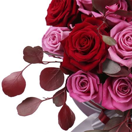 rose (8 pcs.), rose (13 pcs.), eucalyptus, box, packaging, ribbon