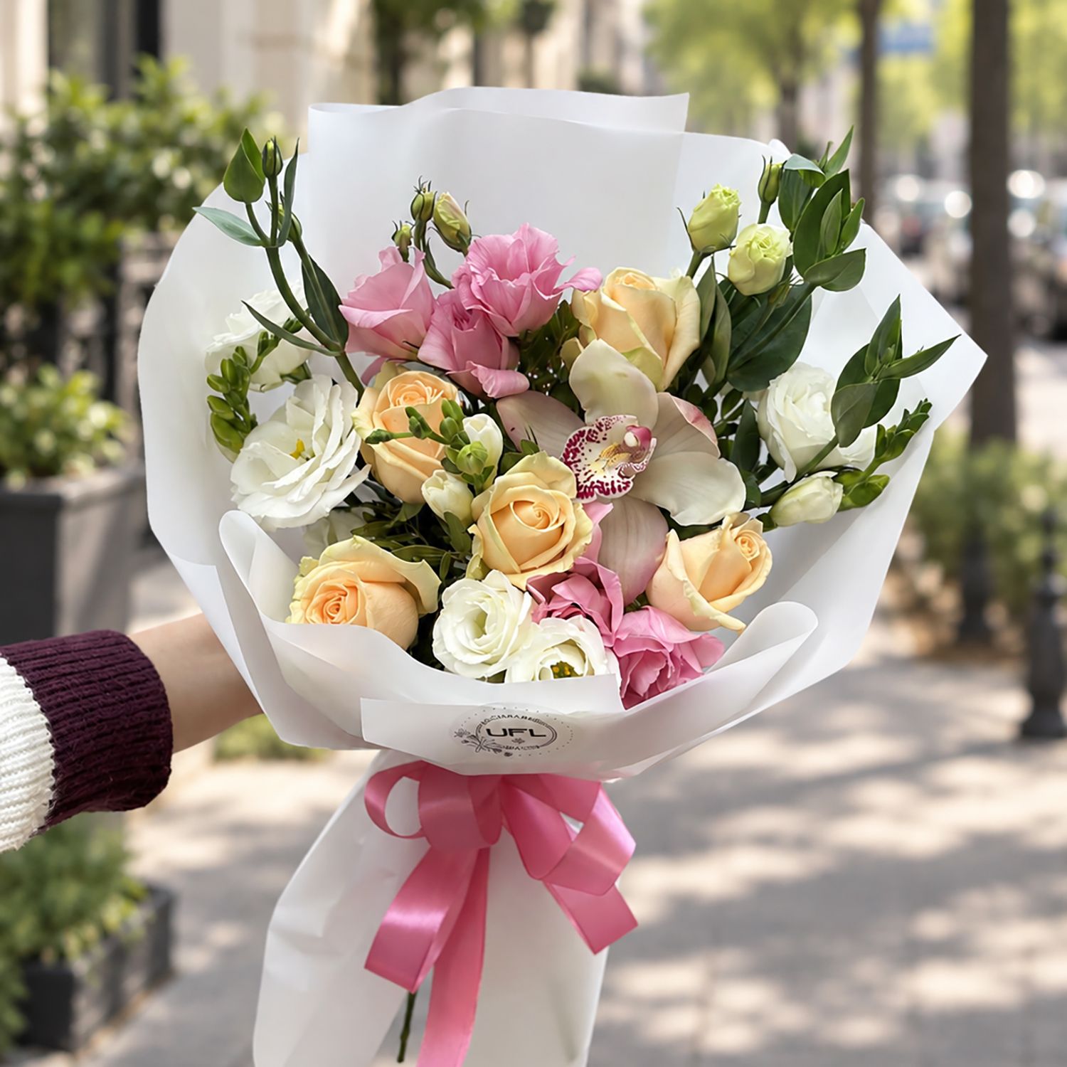 cream rose, white freesia, white eustoma, pink eustoma, pink cymbidium, packaging, ribbon