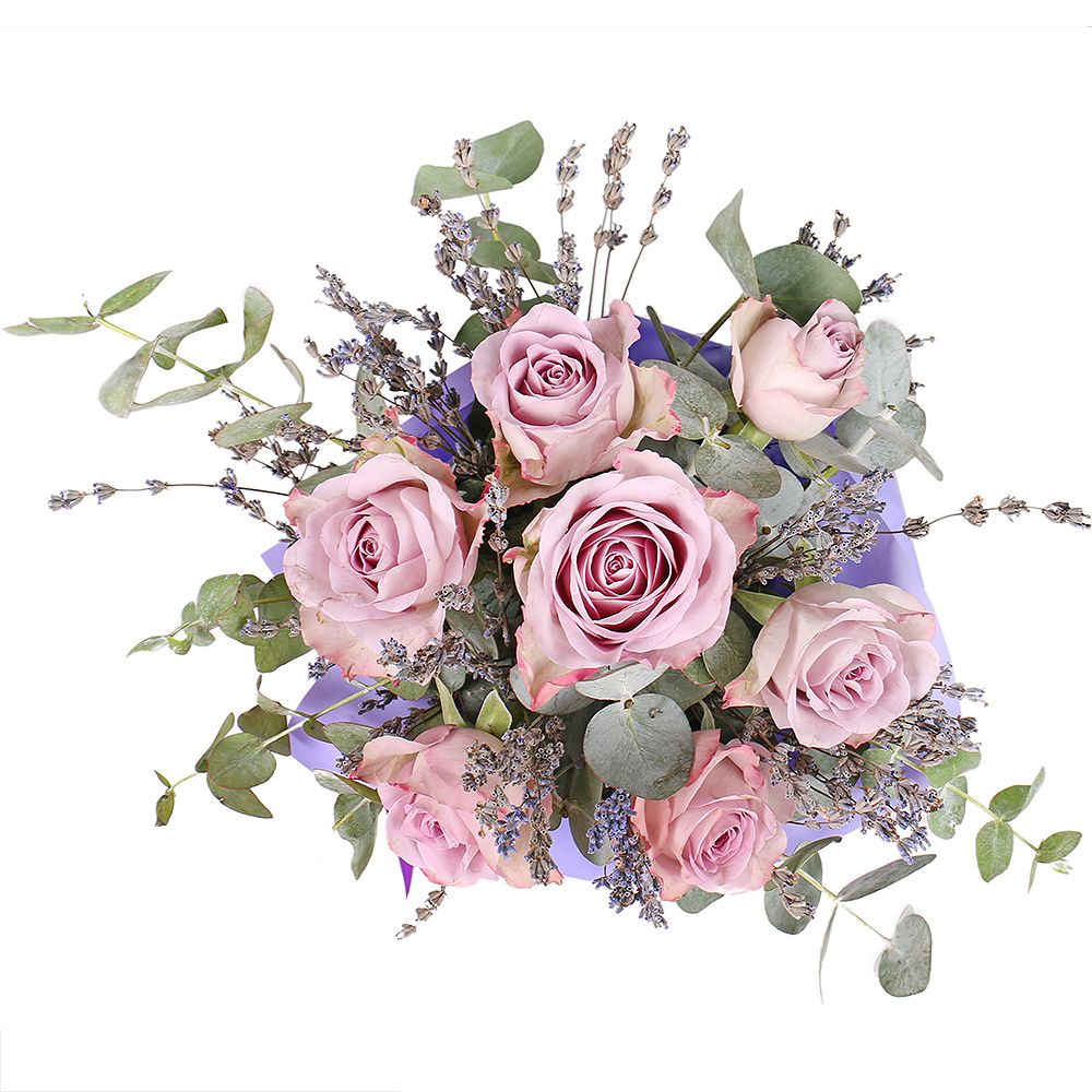 rose memory lane (9 pcs.), eucalyptus, oasis, lavender, round box s 15x16cm, packaging, ribbon