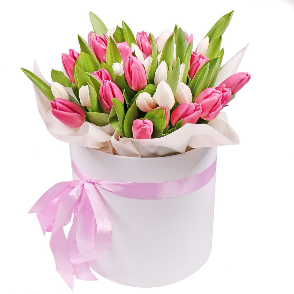 Bouquet Pink and white tulips in a box
