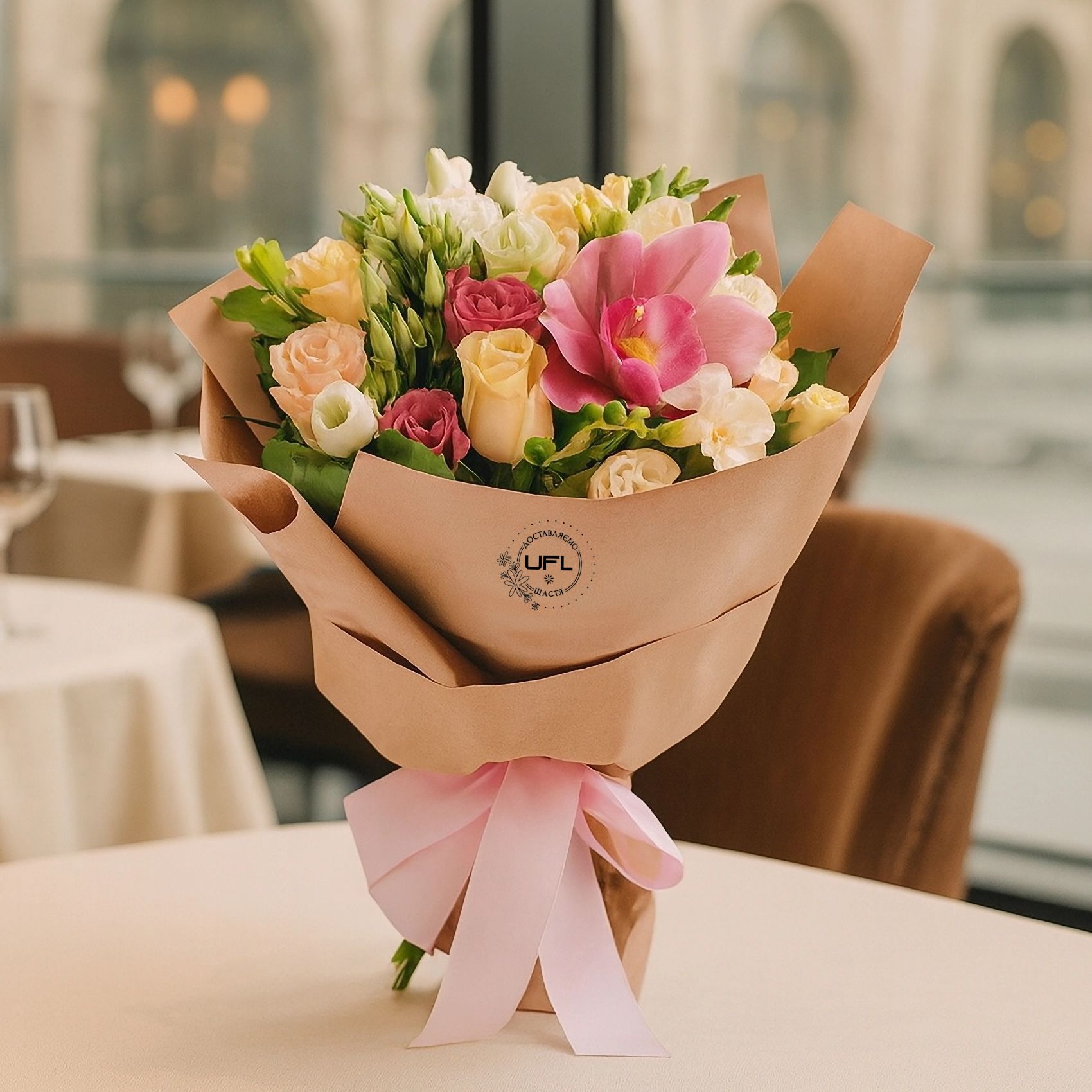 cream rose, white freesia, white eustoma, pink eustoma, pink cymbidium, packaging, ribbon