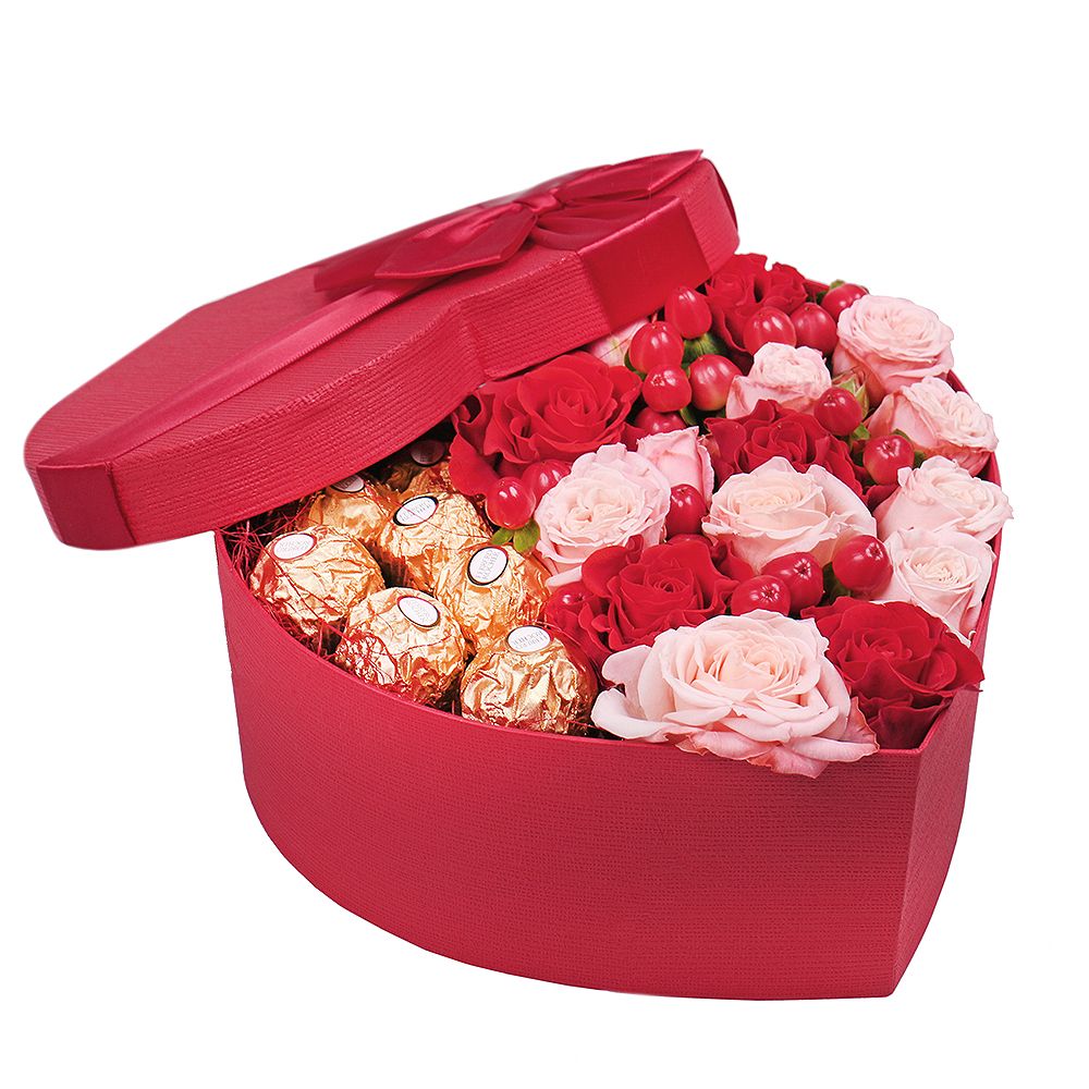 rose, hypericum, oasis, ferrero rocher candies (7 pcs.), heart box, spray rose, packaging, ribbon