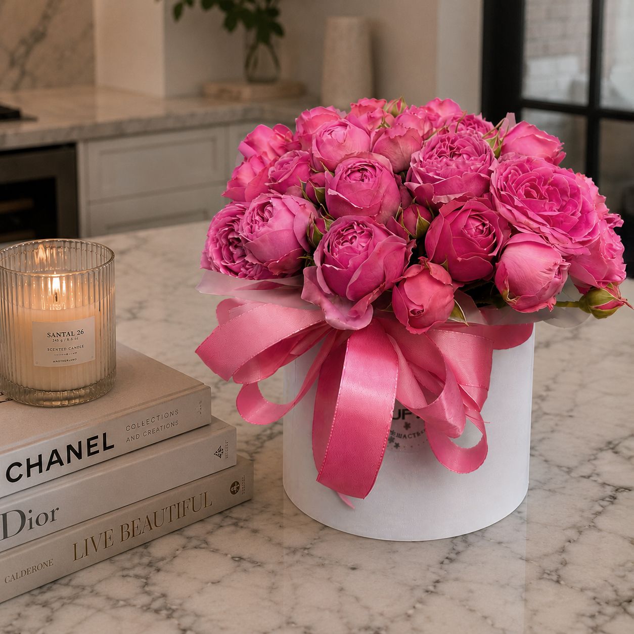 Bouquet Pink peony roses in a box