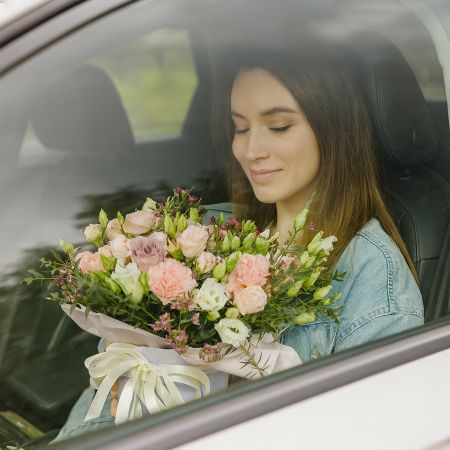 rose memory lane, white eustoma, pink spray roses, pink carnation, eucalyptus, chamelacium, packaging, ribbon